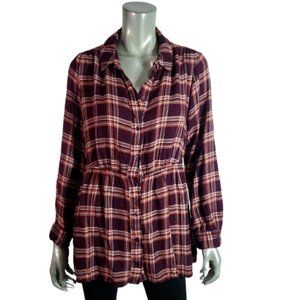 Lane Bryant Babydoll Top Plus‎ Size 14/16 Long Plaid Burgundy Button Up Red